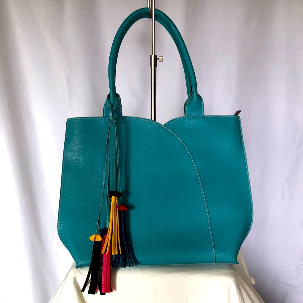 MELLOW WORLD “ALLURE” turquoise vegan leather tote.